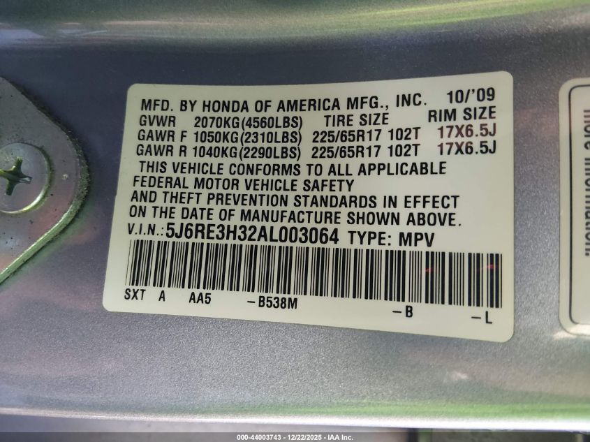 2010 Honda Cr-V Lx VIN: 5J6RE3H32AL003064 Lot: 44003743