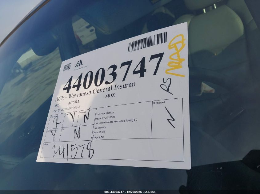 2005 Acura Mdx VIN: 2HNYD18235H549014 Lot: 44003747