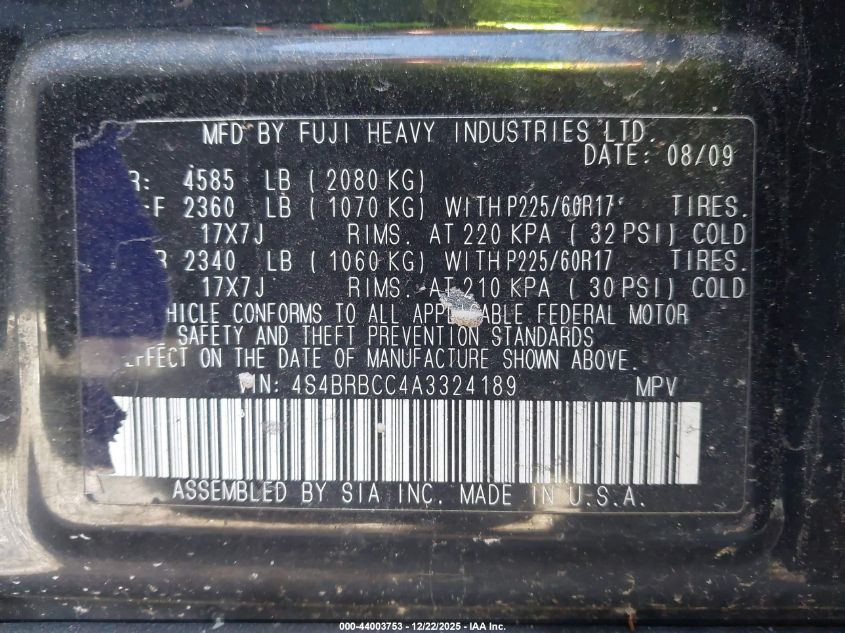 2010 Subaru Outback 2.5I Premium VIN: 4S4BRBCC4A3324189 Lot: 44003753