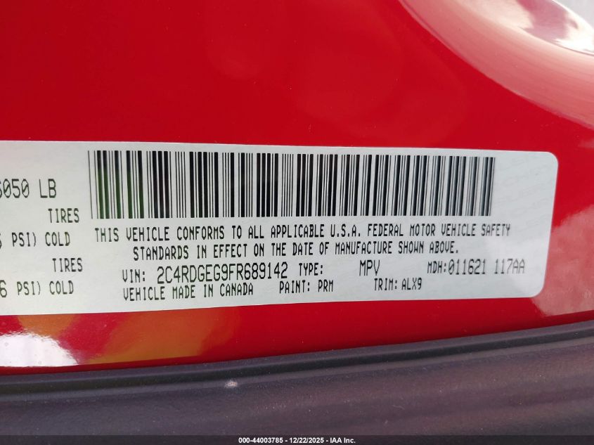 2015 Dodge Grand Caravan R/T VIN: 2C4RDGEG9FR689142 Lot: 44003785