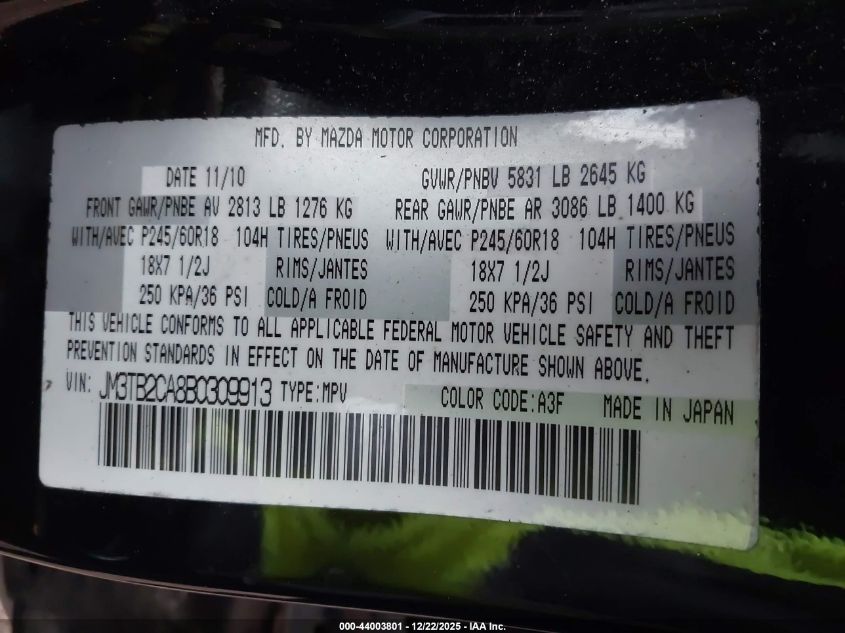 2011 Mazda Cx-9 Touring VIN: JM3TB2CA8B0309913 Lot: 44003801