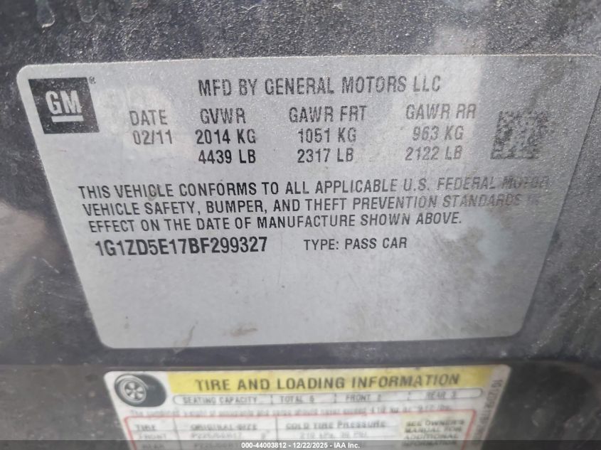 2011 Chevrolet Malibu 2Lt VIN: 1G1ZD5E17BF299327 Lot: 44003812