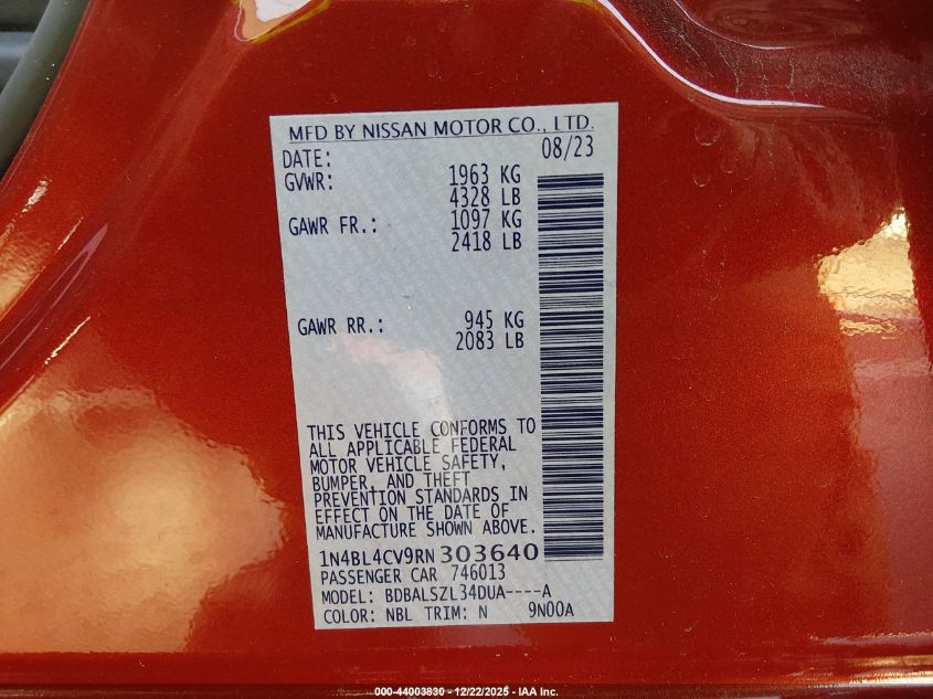 2024 Nissan Altima Sr Fwd VIN: 1N4BL4CV9RN303640 Lot: 44003830