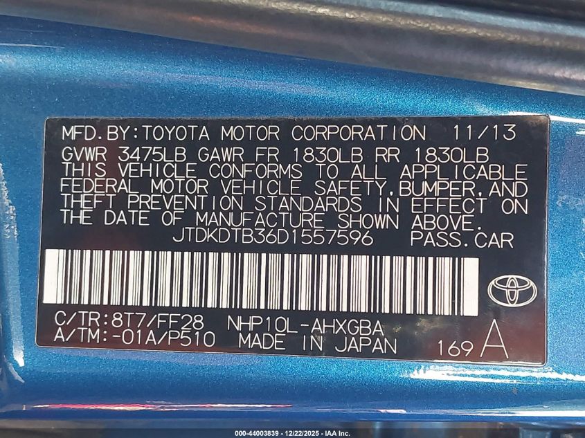 2013 Toyota Prius C Three VIN: JTDKDTB36D1557596 Lot: 44003839