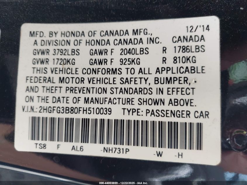 2015 Honda Civic Ex VIN: 2HGFG3B80FH510039 Lot: 44003859