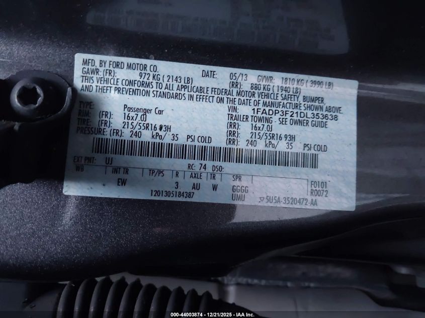 2013 Ford Focus Se VIN: 1FADP3F21DL353638 Lot: 44003874