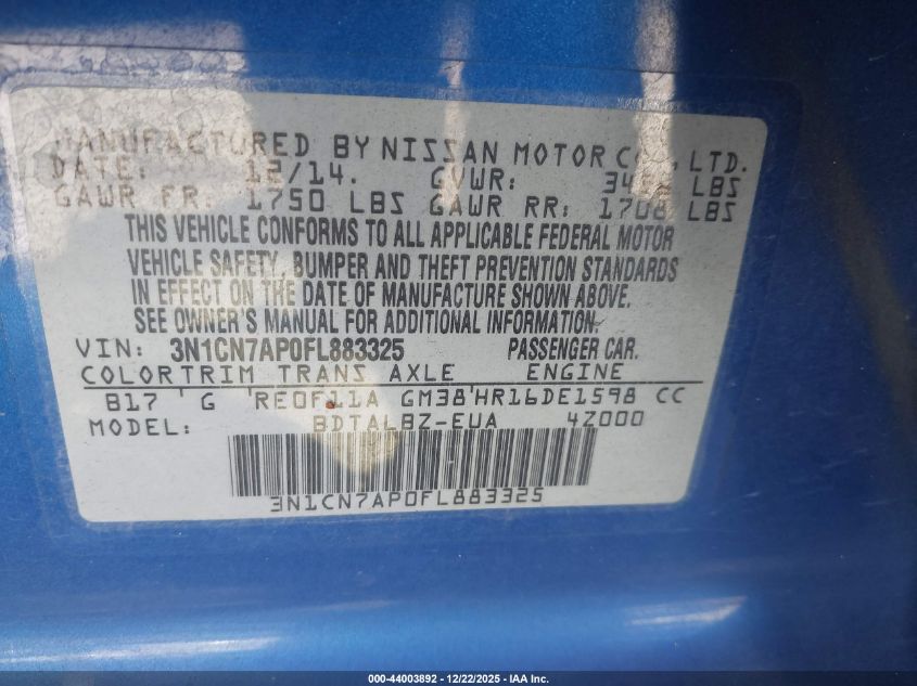 2015 Nissan Versa 1.6 Sv VIN: 3N1CN7AP0FL883325 Lot: 44003892