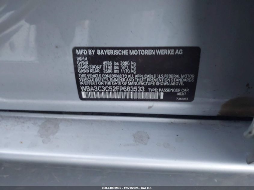 2015 BMW 320I xDrive VIN: WBA3C3C52FP663533 Lot: 44003905