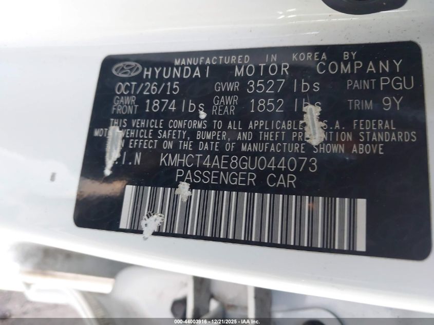 2016 Hyundai Accent Se VIN: KMHCT4AE8GU044073 Lot: 44003916