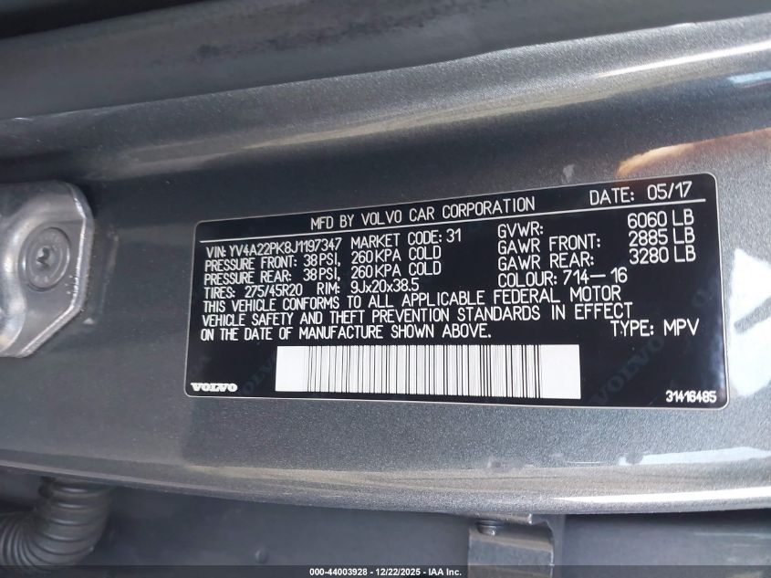 2018 Volvo Xc90 T6 Momentum VIN: YV4A22PK8J1197347 Lot: 44003928