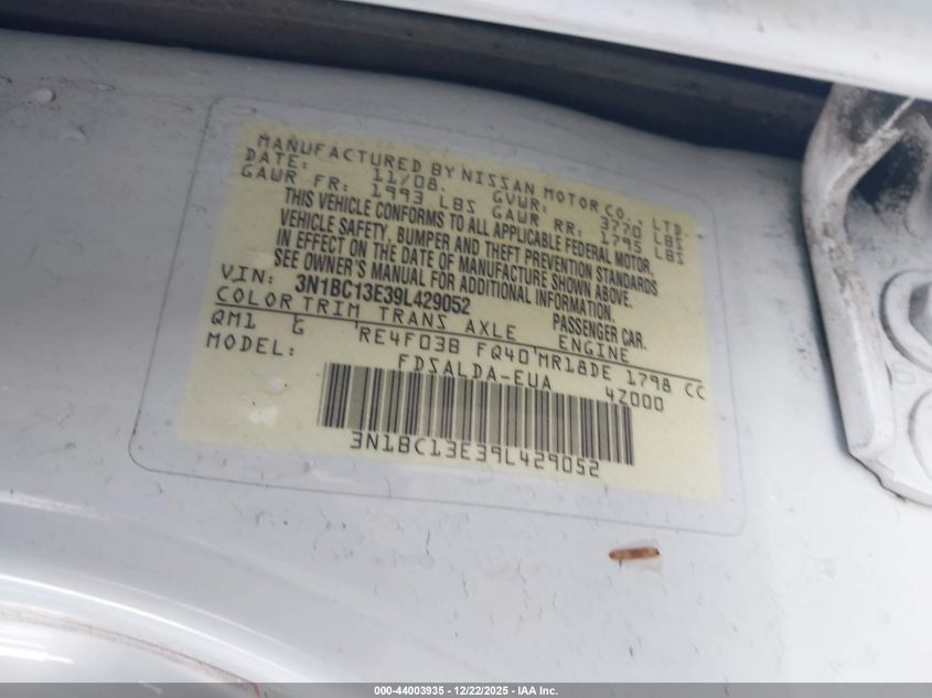 2009 Nissan Versa 1.8S VIN: 3N1BC13E39L429052 Lot: 44003935