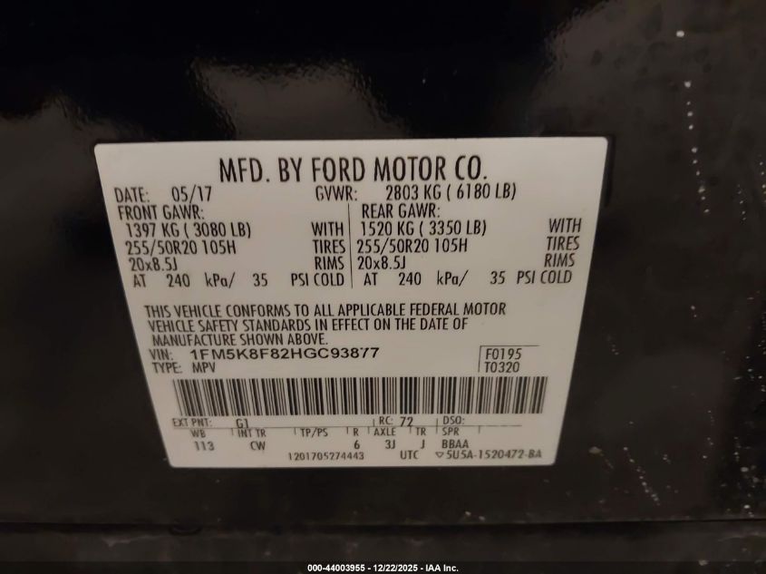 2017 Ford Explorer Limited VIN: 1FM5K8F82HGC93877 Lot: 44003955