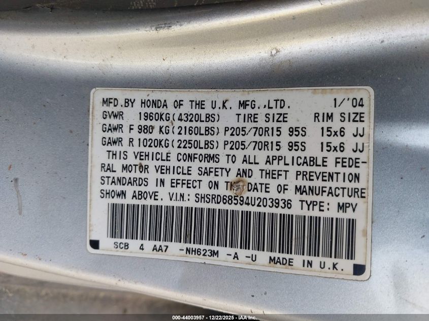 2004 Honda Cr-V Lx VIN: SHSRD68594U203936 Lot: 44003957