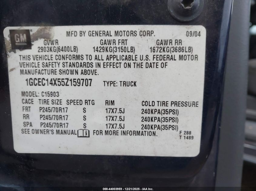 2005 Chevrolet Silverado 1500 Work Truck VIN: 1GCEC14X55Z159707 Lot: 44003959