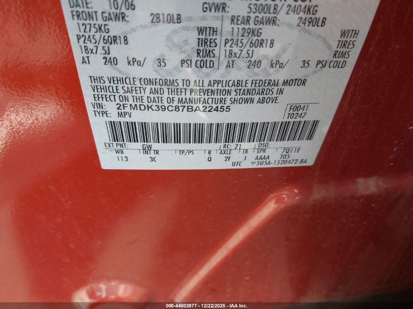 2007 Ford Edge Sel Plus VIN: 2FMDK39C87BA22455 Lot: 44003977