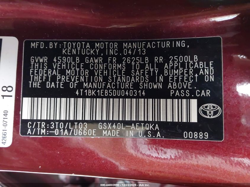 2013 Toyota Avalon Xle Touring VIN: 4T1BK1EB5DU040314 Lot: 44003990