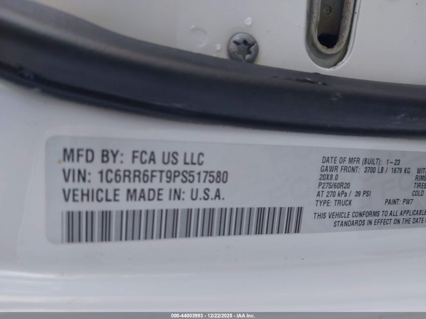 2023 Ram 1500 Classic Tradesman 4X2 6'4 Box VIN: 1C6RR6FT9PS517580 Lot: 44003993
