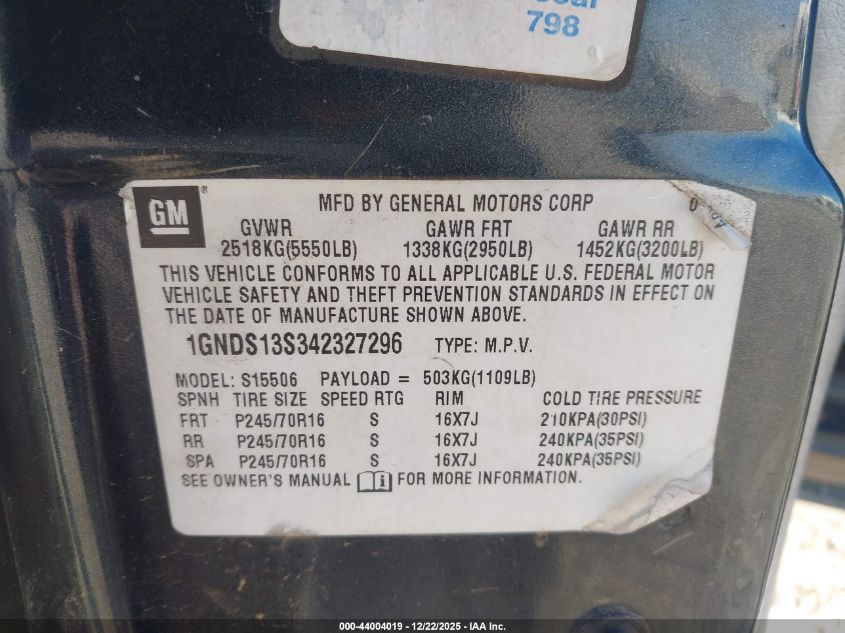 2004 Chevrolet Trailblazer Ls VIN: 1GNDS13S342327296 Lot: 44004019