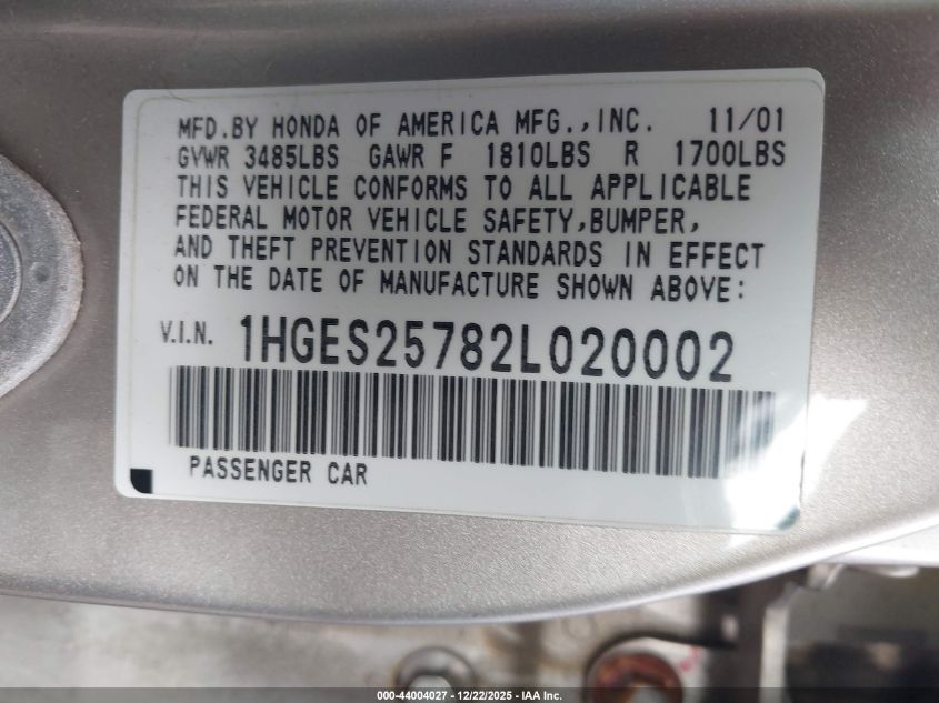 2002 Honda Civic Ex VIN: 1HGES25782L020002 Lot: 44004027