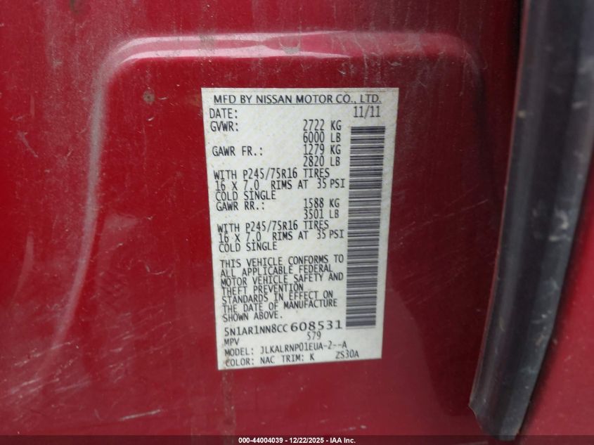 2012 Nissan Pathfinder S VIN: 5N1AR1NN8CC608531 Lot: 44004039