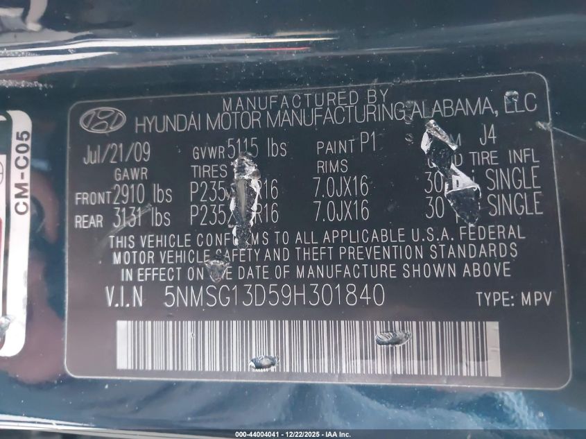2009 Hyundai Santa Fe Gls VIN: 5NMSG13D59H301840 Lot: 44004041