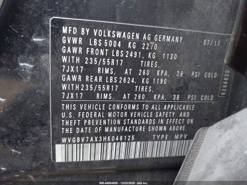 2017 Volkswagen Tiguan 2.0T/2.0T S VIN: WVGBV7AX3HK046125 Lot: 44004059