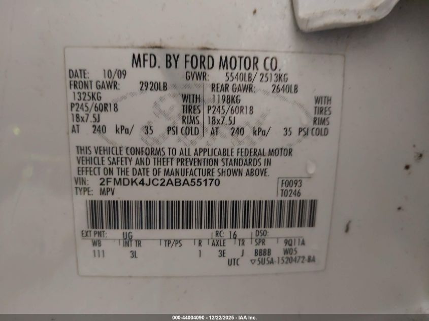 2010 Ford Edge Sel VIN: 2FMDK4JC2ABA55170 Lot: 44004090