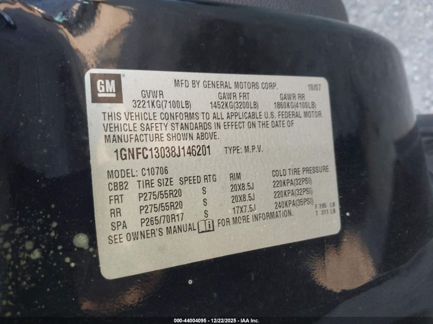 2008 Chevrolet Tahoe Lt VIN: 1GNFC13038J146201 Lot: 44004095