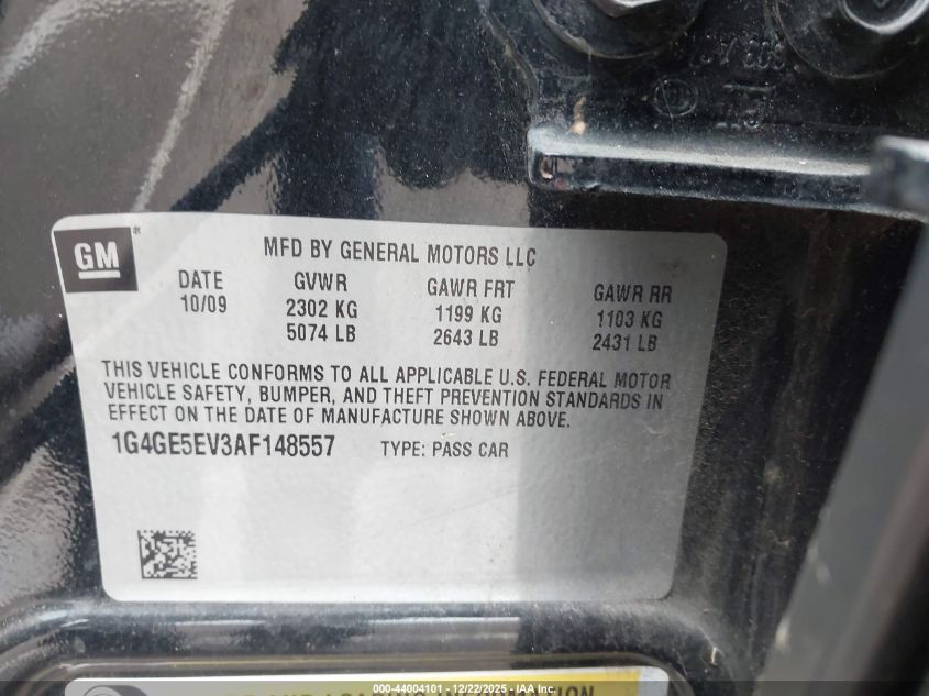 2010 Buick Lacrosse Cxs VIN: 1G4GE5EV3AF148557 Lot: 44004101