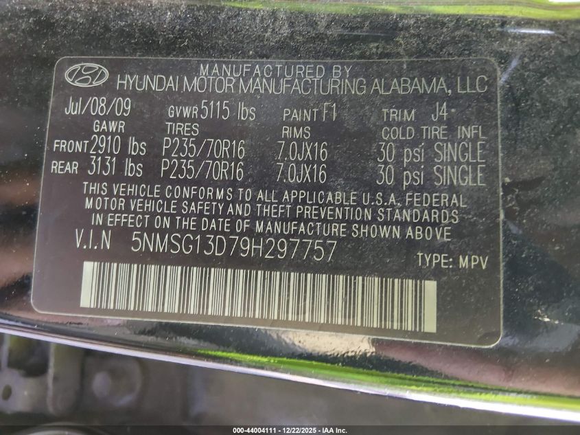 2009 Hyundai Santa Fe Gls VIN: 5NMSG13D79H297757 Lot: 44004111
