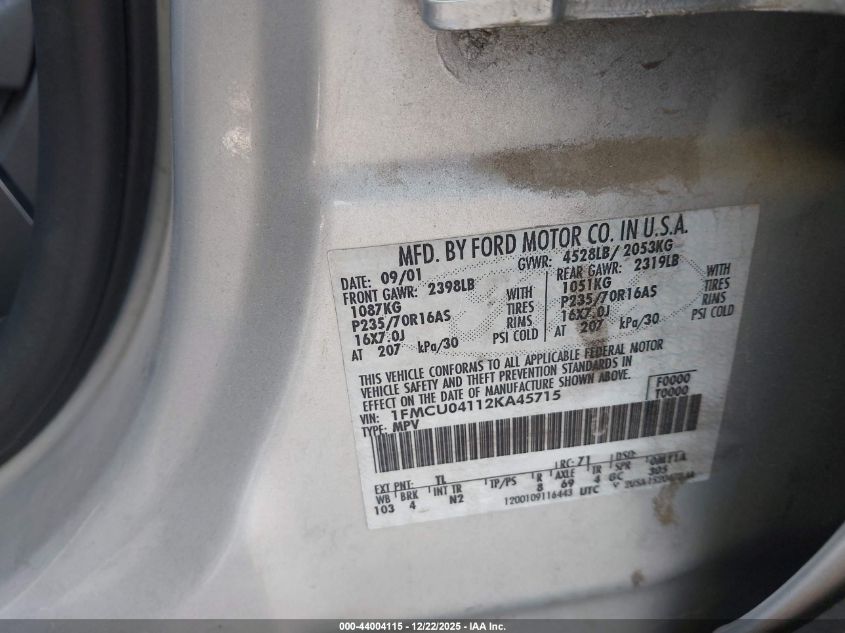 2002 Ford Escape Xlt VIN: 1FMCU04112KA45715 Lot: 44004115