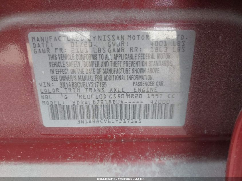 2020 Nissan Sentra Sv Xtronic Cvt VIN: 3N1AB8CV6LY217165 Lot: 44004116