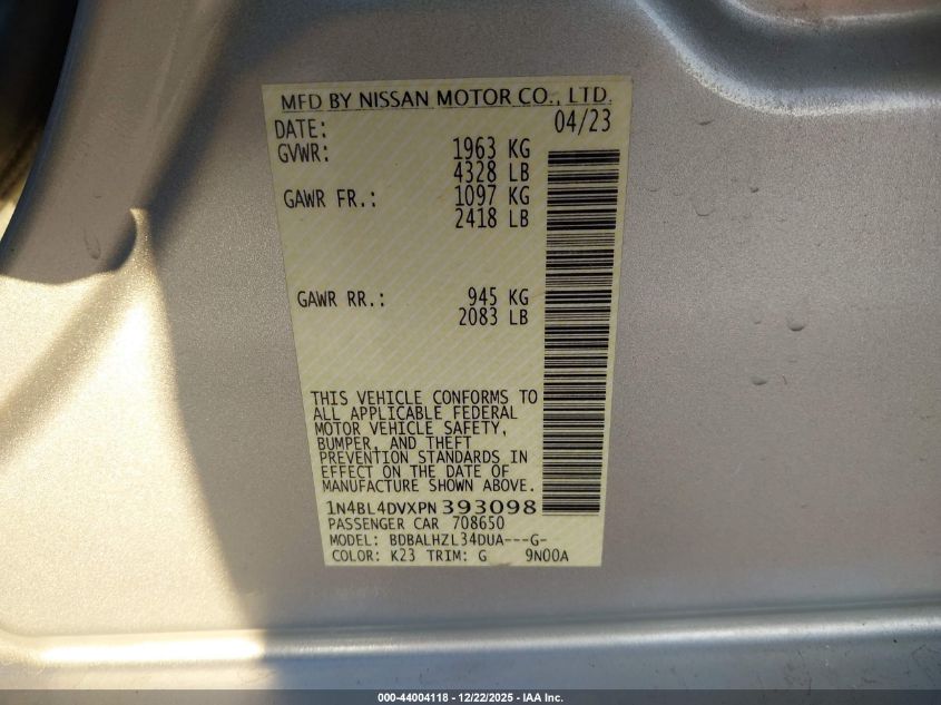 2023 Nissan Altima Sv Fwd VIN: 1N4BL4DVXPN393098 Lot: 44004118