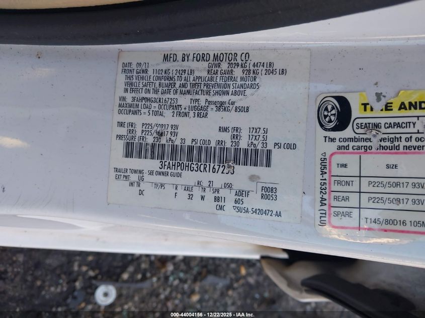 2012 Ford Fusion Se VIN: 3FAHP0HG3CR167253 Lot: 44004156