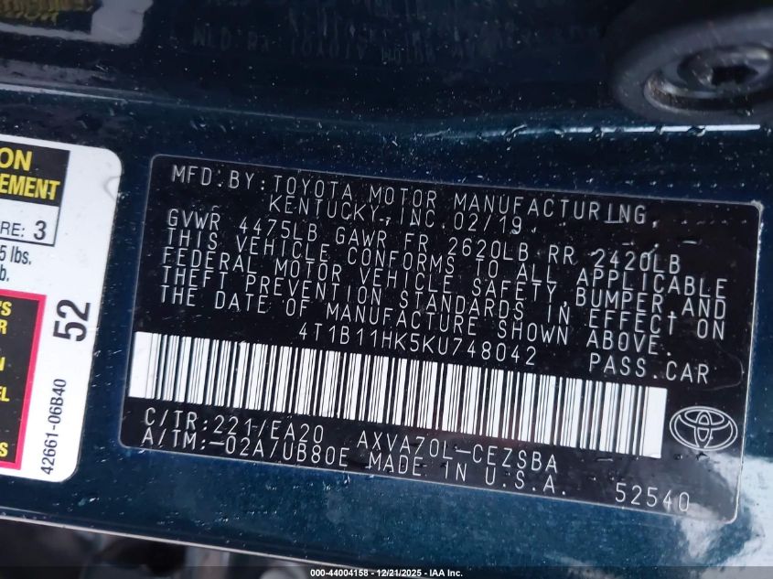 2019 Toyota Camry Se VIN: 4T1B11HK5KU748042 Lot: 44004158