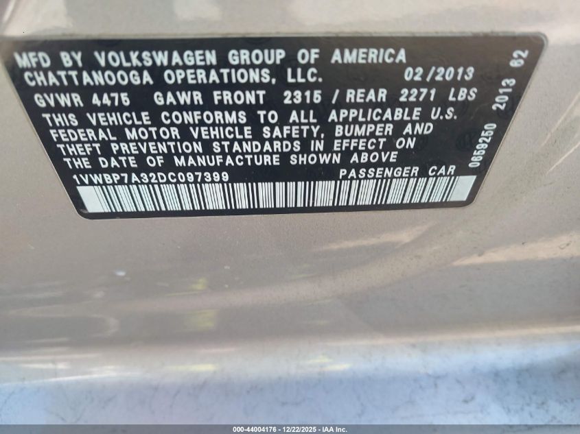 2013 Volkswagen Passat 2.5L Se VIN: 1VWBP7A32DC097399 Lot: 44004176