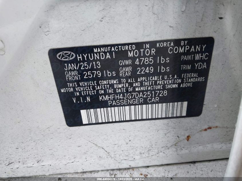 2013 Hyundai Azera VIN: KMHFH4JG7DA251728 Lot: 44004178