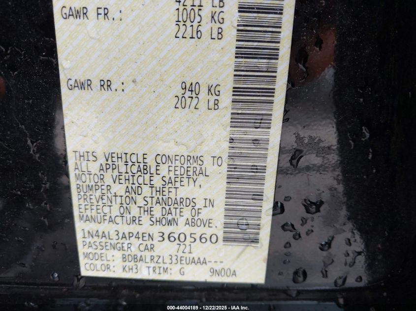 2014 Nissan Altima 2.5 S VIN: 1N4AL3AP4EN360560 Lot: 44004189