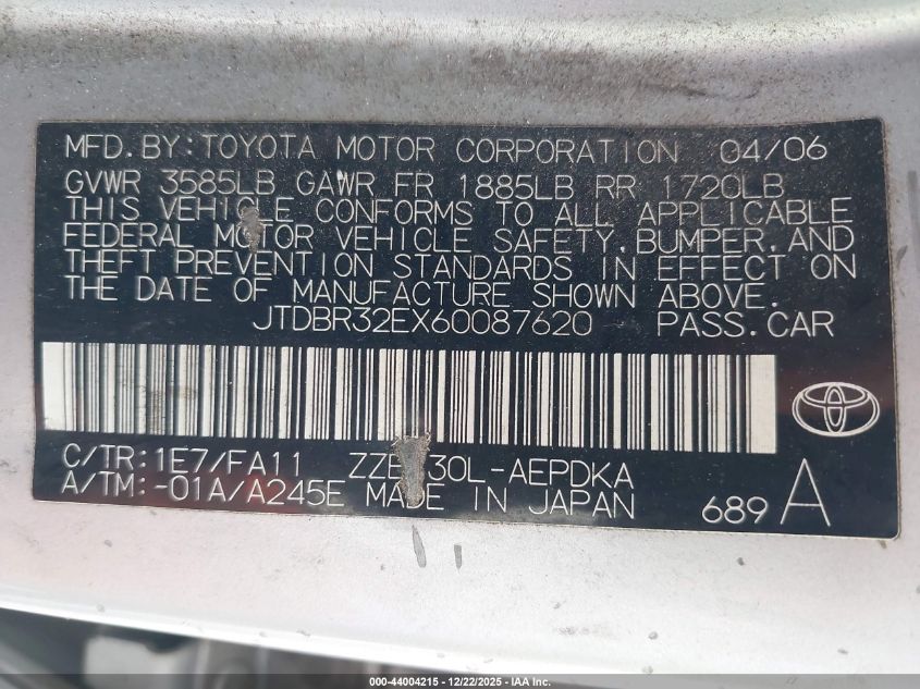 2006 Toyota Corolla Ce VIN: JTDBR32EX60087620 Lot: 44004215