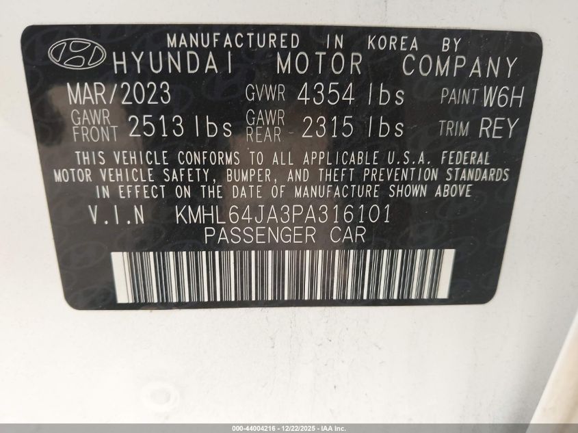 2023 Hyundai Sonata Sel VIN: KMHL64JA3PA316101 Lot: 44004216