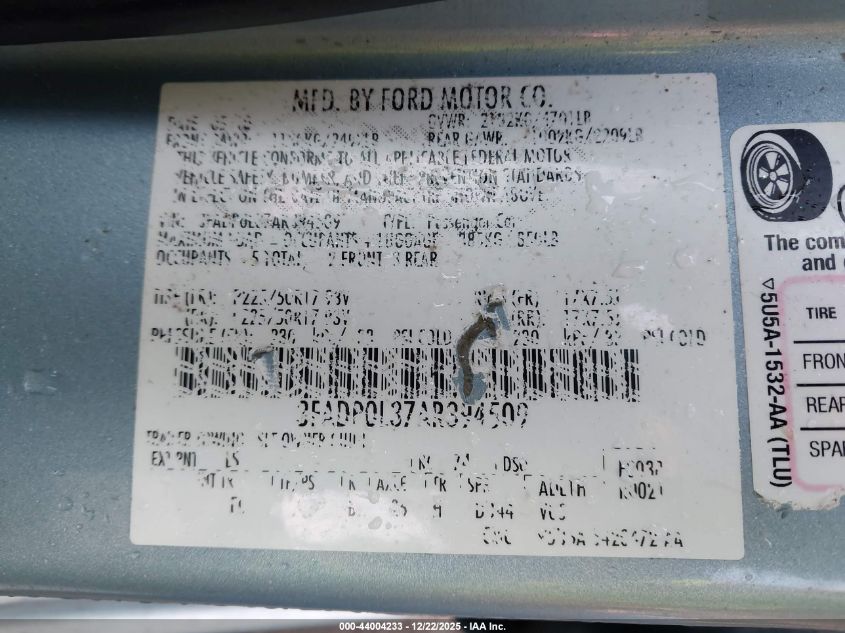 2010 Ford Fusion Hybrid VIN: 3FADP0L37AR394509 Lot: 44004233