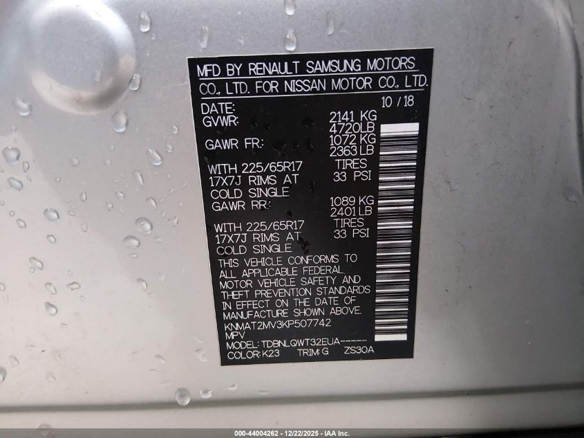 2019 Nissan Rogue Sv VIN: KNMAT2MV3KP507742 Lot: 44004262