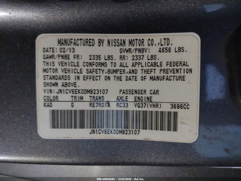 2013 Infiniti G37 Journey VIN: JN1CV6EK0DM923107 Lot: 44004263