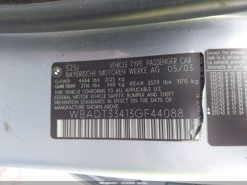 2003 BMW 525I VIN: WBADT33413GF44088 Lot: 44004287
