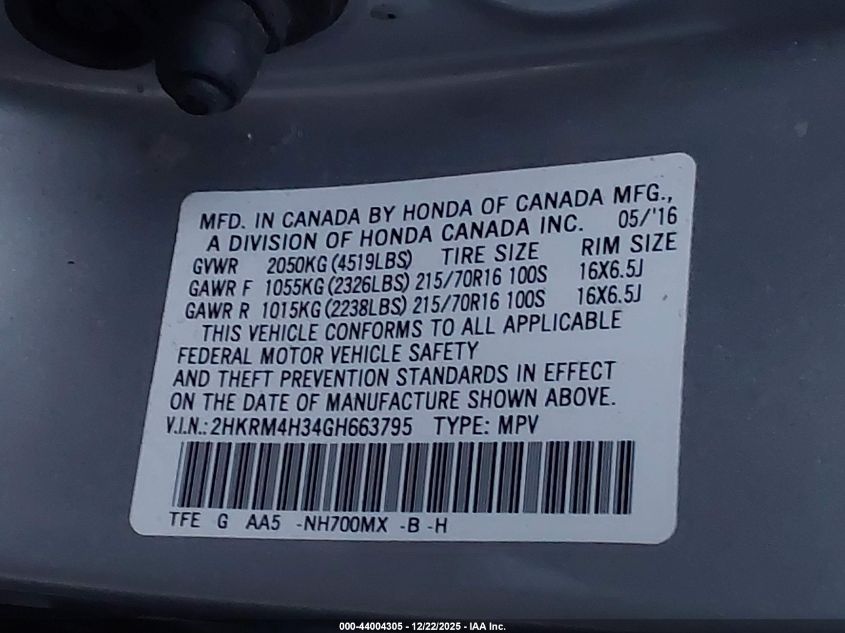 2016 Honda Cr-V Lx VIN: 2HKRM4H34GH663795 Lot: 44004305