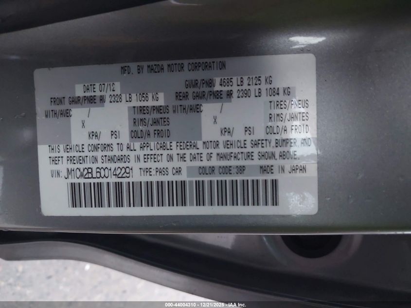 2012 Mazda Mazda5 Sport VIN: JM1CW2BL6C0142291 Lot: 44004310