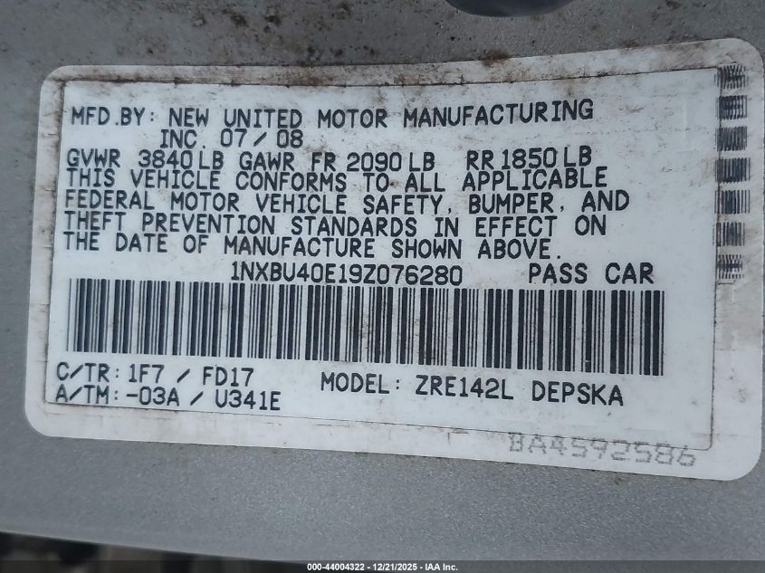 2009 Toyota Corolla S VIN: 1NXBU40E19Z076280 Lot: 44004322