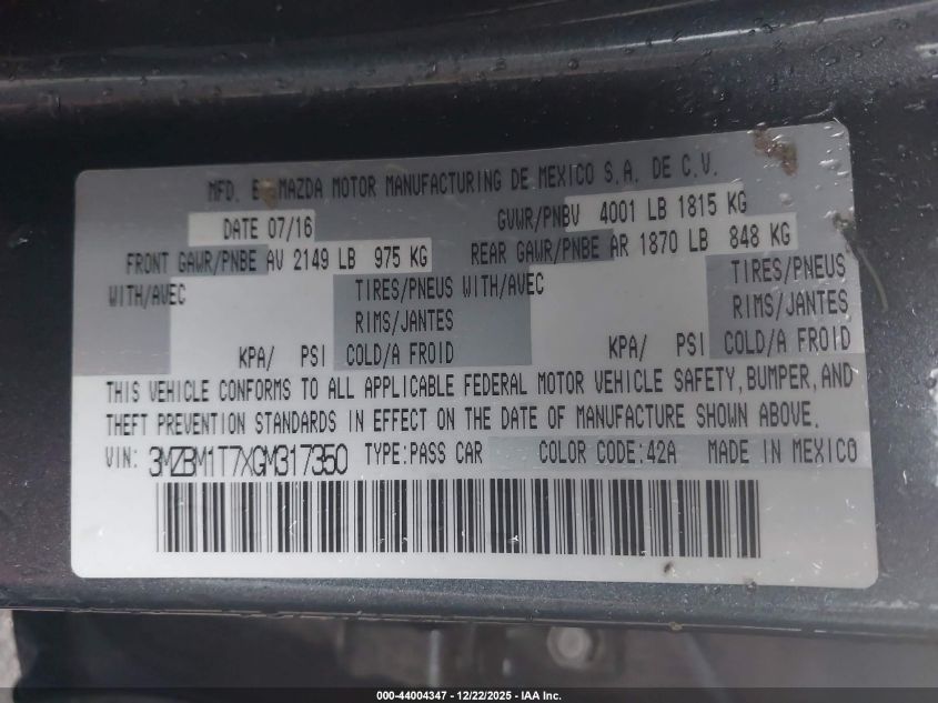 2016 Mazda Mazda3 I Sport VIN: 3MZBM1T7XGM317350 Lot: 44004347