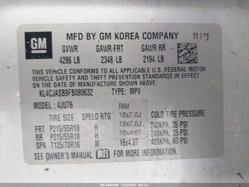 2015 Buick Encore VIN: KL4CJASB9FB080632 Lot: 44004395