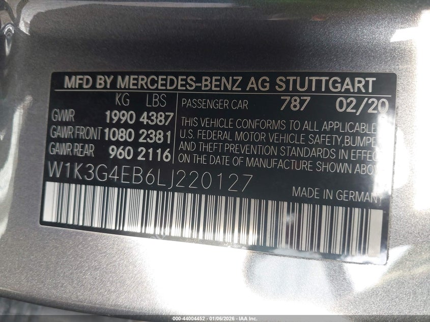 VIN W1K3G4EB6LJ220127 2020 MERCEDES-BENZ A 220